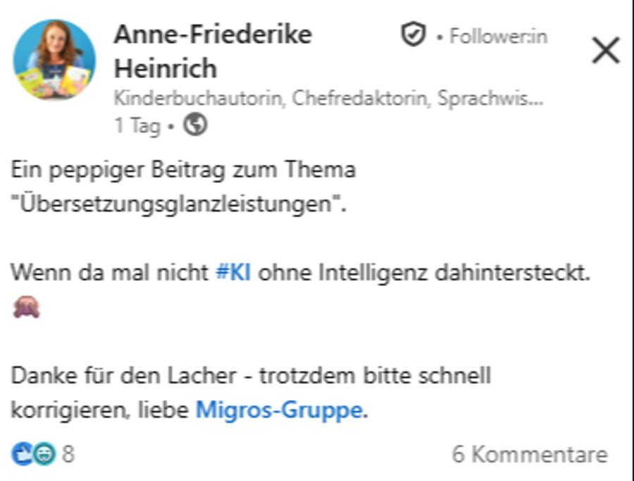 Sprachwissenschaftlerin Anne-Friederike Heinrich vermutet, dass der Migros bei der deutschen Bezeichnung der Cracker eine KI-Panne unterlief.