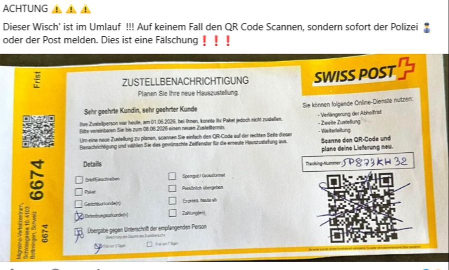 Ein gefälschter Abholschein der Post sorgt im Limmattal ZH für Aufregung.