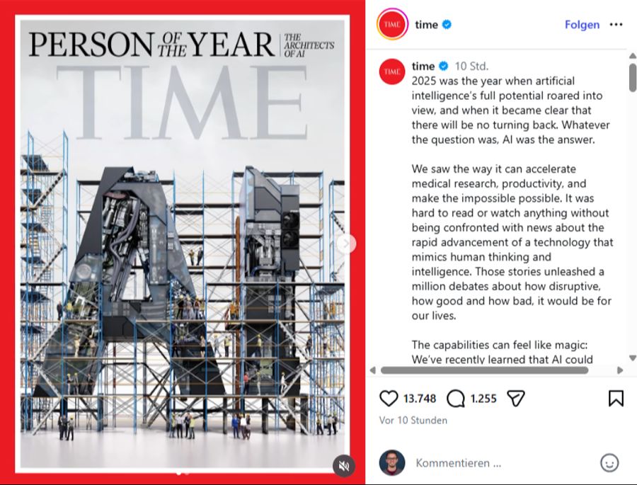 Das «Time»-Magazin hat die «Person des Jahres» gekürt: Künstliche Intelligenz und ...