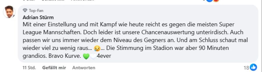 Und auch in der Offensive sieht dieser Fan Verbesserungspotenzial: «Leider ist unsere Chancenauswertung unterirdisch.»