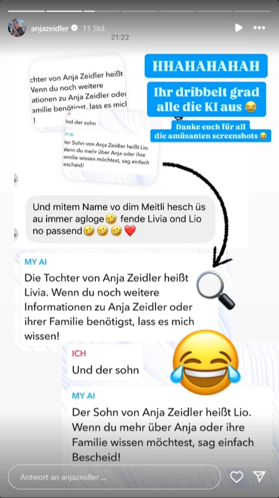 Die Antworten der KI bringen die Luzernerin zum Lachen.