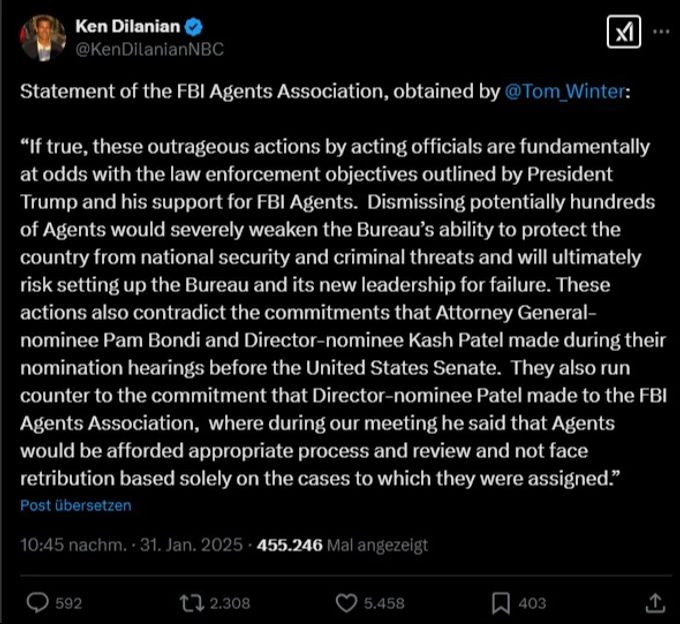 Die FBI Agents Association zeigt sich entsetzt über die geplanten Massenentlassungen. FBI Statement Entlassungen Twitter