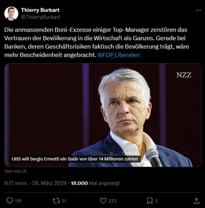 FDP-Mann Thierry Burkhart polterte online gegen das Millionensalär von Sergio Ermotti. Burkhart Twitter Sergio Ermotti