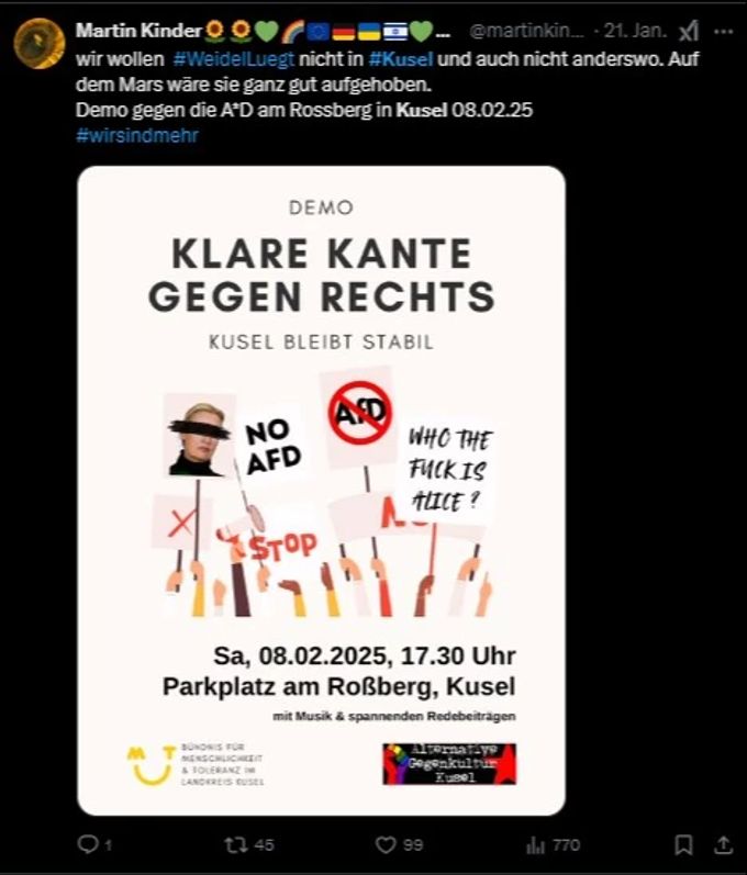 Das Bündnis macht gegen den Auftritt von Alice Weidel auch online mobil. Weidel Kusel Gegendemo twitter