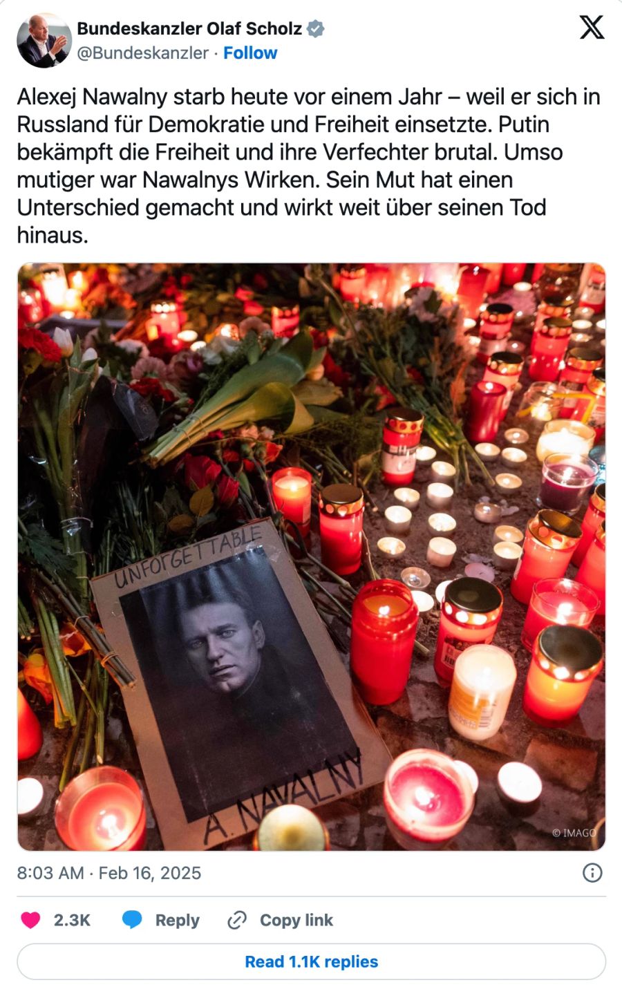 Bundeskanzler Olaf Scholz äusserte sich auf X zum Todestag von Nawalny.