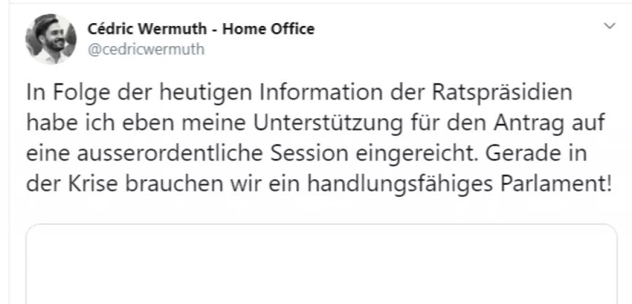 Cédric Wermuth, SP-Nationalrat, beantragte bei den Ratspräsidenten eine ausserordentliche Session.