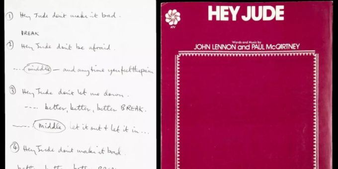 Der Liedtext für den Beatles-Hit «Hey Jude», der von Paul McCartney handgeschrieben wurde. Foto: Julien's Auctions/dpa Der Liedtext für den Beatles-Hit «Hey Jude», der von Paul McCartney handgeschrieben wurde. Foto: Julien's Auctions/dpa