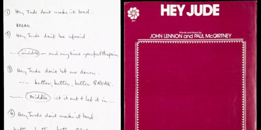 Der Liedtext für den Beatles-Hit «Hey Jude», der von Paul McCartney handgeschrieben wurde. Foto: Julien's Auctions/dpa