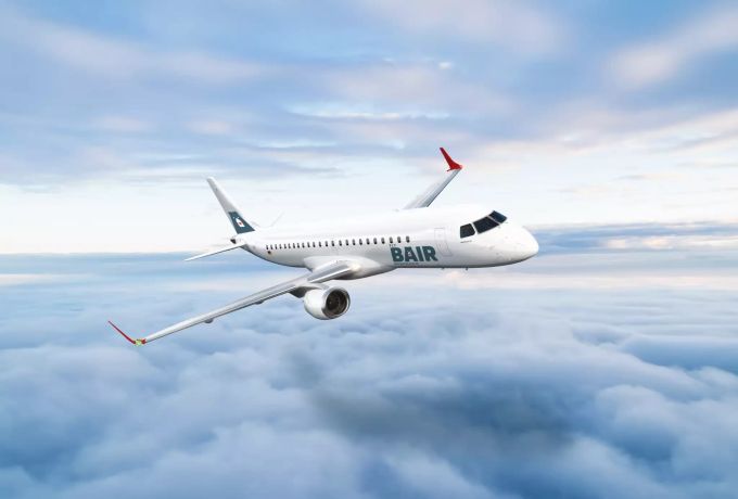 Ein Flugzeug von Flybair in der Luft. flybair