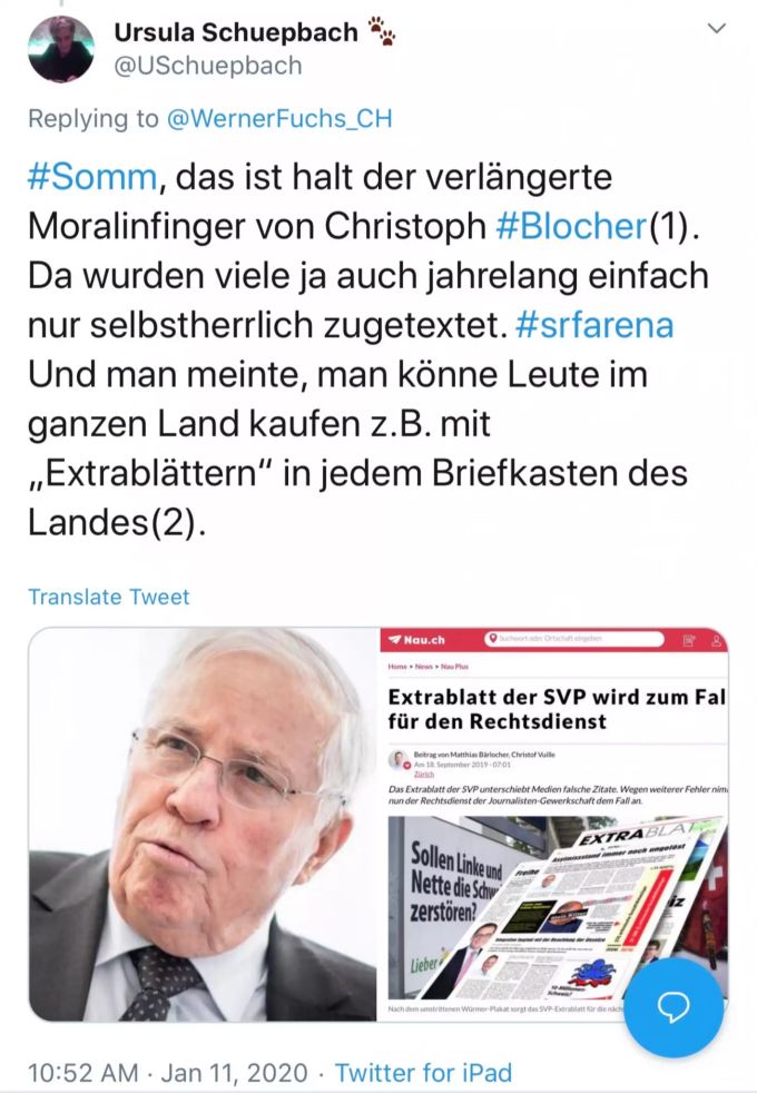 Auf Twitter wurde Somm als verlängerter Moralfinger Blochers betitelt.