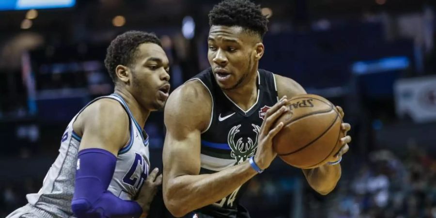 Überragender Akteur beim Milwaukee-Sieg gegen Charlotte: Giannis Antetokounmpo (r). Foto: Nell Redmond/AP/dpa