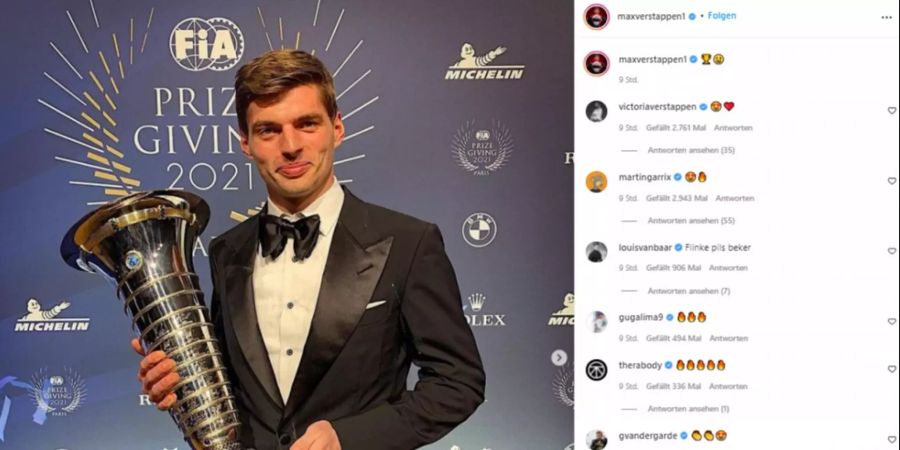 Max Verstappen postet seine Trophäe auf Instagram.