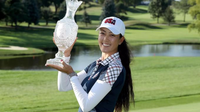 Michelle Wie-West feiert den Sieg beim Solheim Cup. Michelle Wie-West Donald Trump