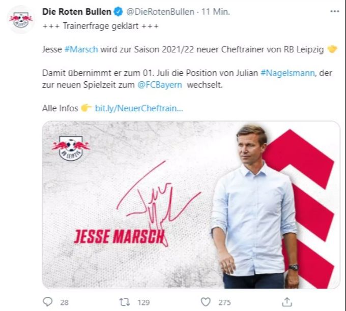 RB Leipzig gibt die Verpflichtung von Jesse Marsch bekannt. RB Leipzig