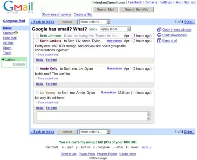 So sah Gmail noch vor 15 Jahren aus. Google Gmail Screenshot