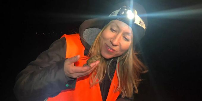 «Sara machts»-Moderatorin Sara Bachmann mit einem Frosch in der Hand. Sara mit einem Frosch.