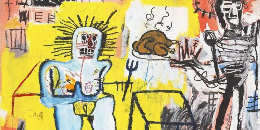 «Arroz con Pollo» (1981) des Künstlers Jean-Michel Basquiat, ist eines der Werke, die im Rahmen der Basquiat-Retrospektive in der Brant Foundation in New York zu sehen sind. Foto: -/Estate of Jean Michel Basquiat. Licensed by Artestar, New York