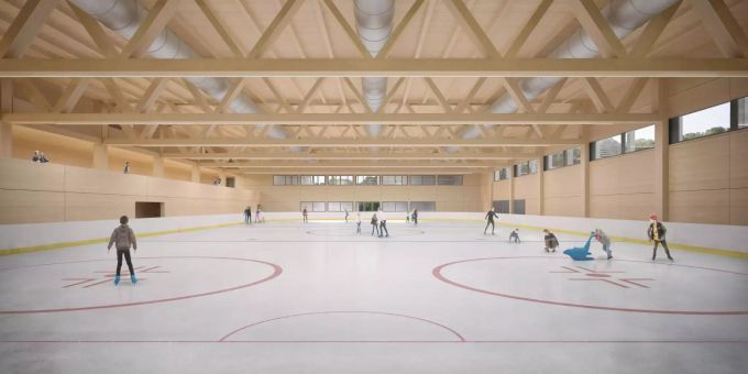 Die Visualisierung der neuen Eishalle von innen.