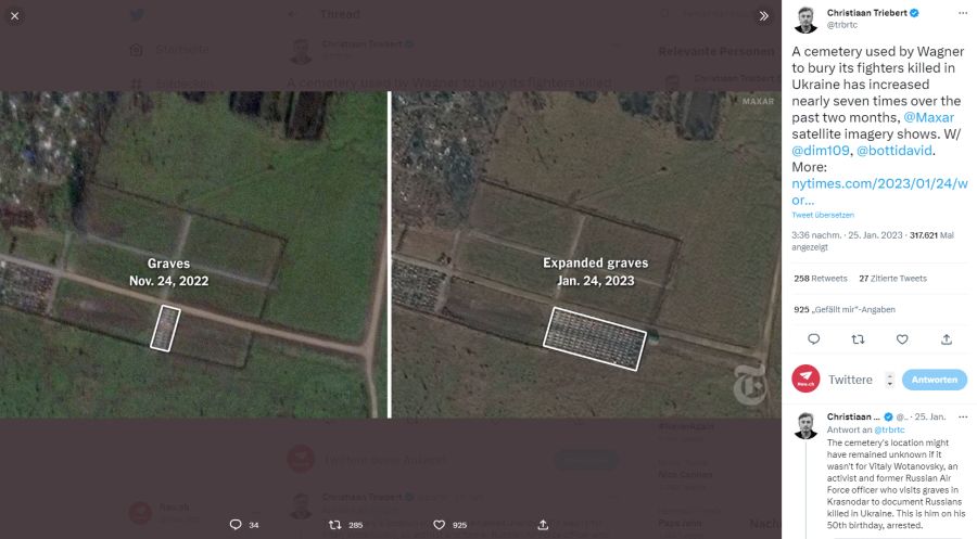 Der Friedhof wurde aus dem Boden gestampft, wie Bilder von Maxar Technologies belegen. Dort beerdigt liegen getötete Wagner-Soldaten, viele davon wurden laut «Reuters» aus Straflagern rekrutiert.