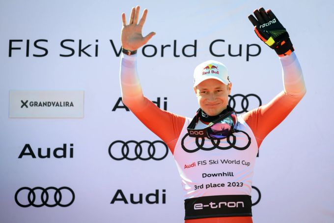 Marco Odermatt wurde gestern bei der Abfahrt in Andorra ebenfalls Dritter. (KEYSTONE/Jean-Christophe Bott) lara gut-Behrami