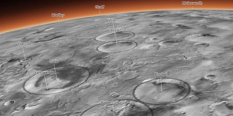 Die Mars-Karte zeigt Krater und verschieden Gebiete des Planeten