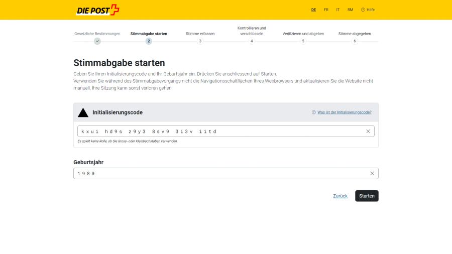 Der Initialisierungscode aus dem Stimmausweis und das Geburtsjahr verifiziert die Stimmen auf anonyme Art.