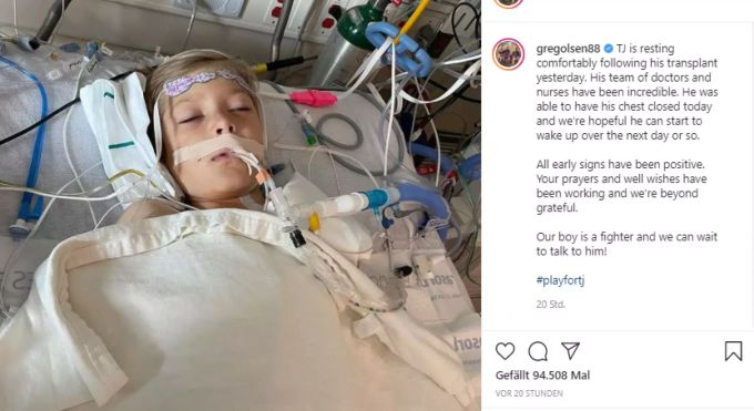 Olsens Sohn TJ (8) wurde ein Spenderherz transplantiert. NFL