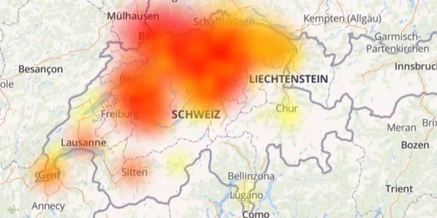 Störungsmeldungen kommen vor allem aus dem Mittelland und den Agglomerationen.