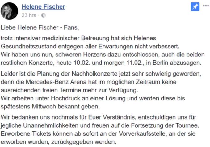 Helene Fischers Management verkündet über Facebook die Absage der restlichen Konzerte. Helene Fischers Management verkündet über Facebook die Absage der restlichen Konzerte.