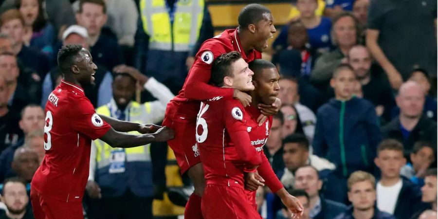 Daniel Sturridge (M, oben) vom FC Liverpool jubelt mit seinen Teamkollegen nach seinem Tor zum 1:1. Foto: Frank Augstein/AP/dpa +++ dpa-Bildfunk +++