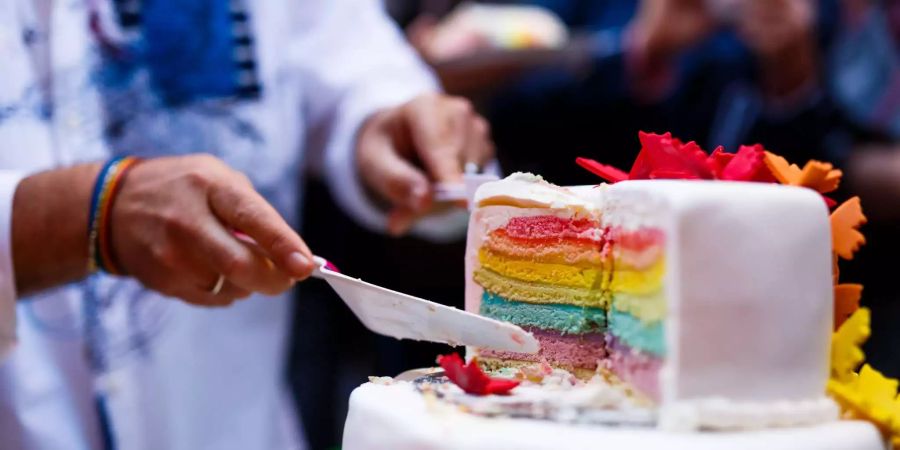 Ein Bräutigam schneidet vor dem Standesamt in Hannover bei der Hochzeit mit seinem Partner eine Torte in Regenbogenfarben an.