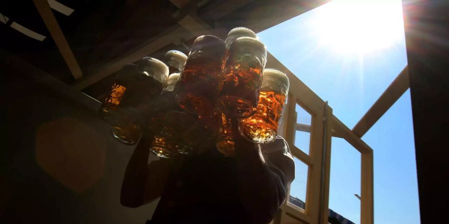 Bier in Masskrügen leuchtet auf dem Oktoberfest in der Sonne.