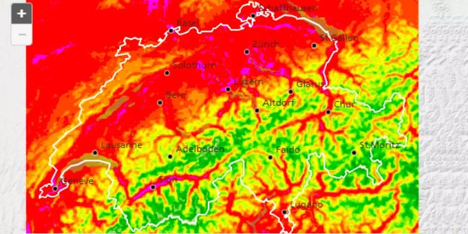 Die Temperaturen am Mittwoch um 16 Uhr: Bei den roten und rosa Stellen übersteigt die Temperatur 30 Grad. Die Temperaturen am Mittwoch um 16 Uhr: Bei den roten und rosa Stellen übersteigt die Temperatur 30 Grad.