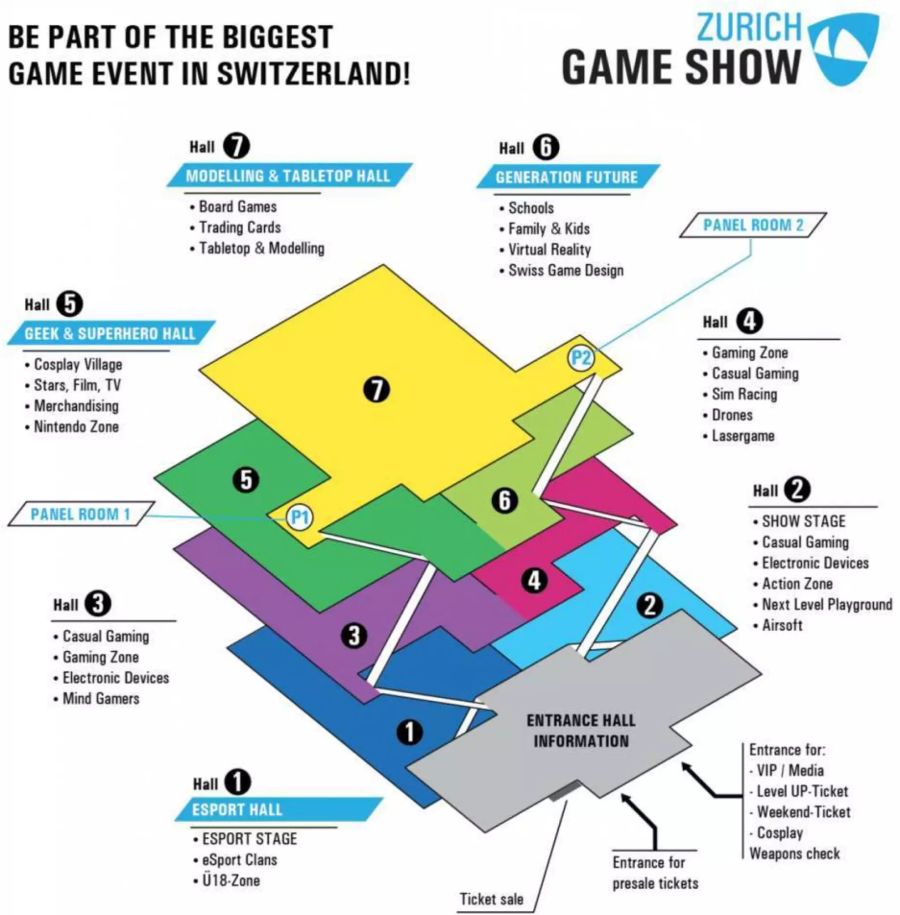 Der Lageplan der Zurich Game Show 2018. Alle sieben Halle sind gefüllt.