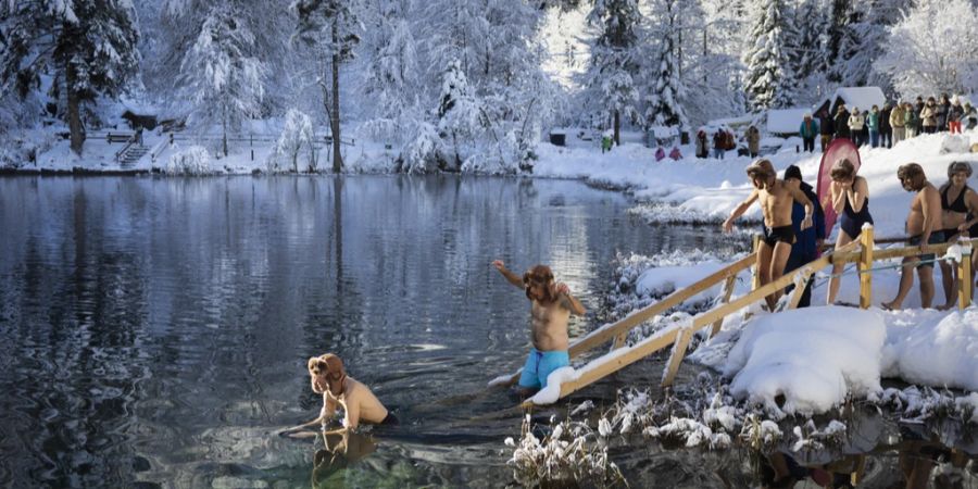 Unerschrockene Schwimmer steigen in den Blausee beim traditionellen Blausee-Schwimmen im Berner Oberland.