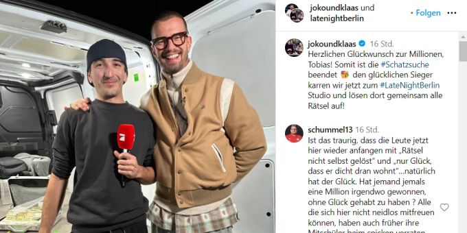 Joko Winterscheidt übergab den Koffer mit den Millionen von «Joko und Klaas gegen ProSieben» an den Zuschauer Tobias. joko und klaas