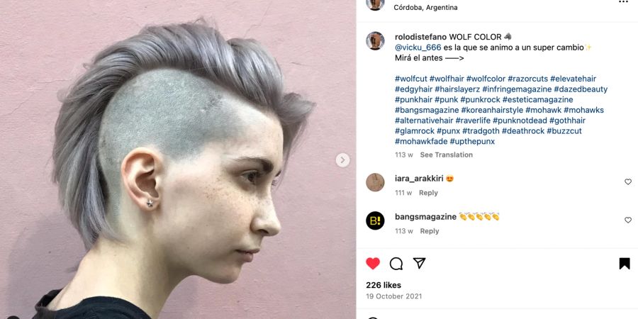 Intagram Post Frau mit grauen Haaren und Undercut.