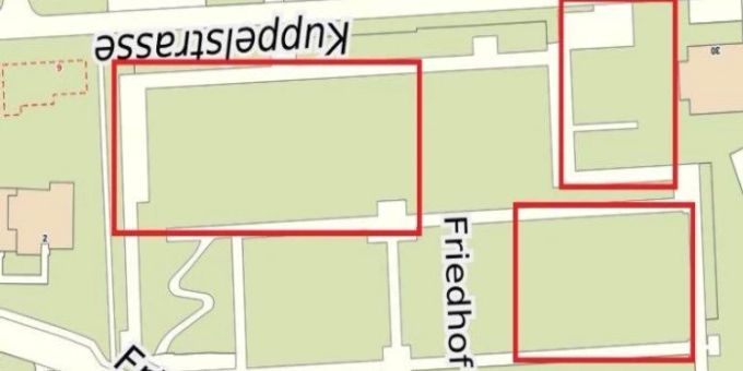 In den eingezeichneten Bereichen finden während der 1. Etappe des Bauprojekts Bauarbeiten statt. Spatenstich Bauarbeiten auf dem Friedhof Thalwil
