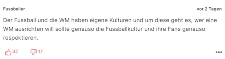 «Fussballer» findet, dass Katar die Fussballkultur und die Fans respektieren sollte.