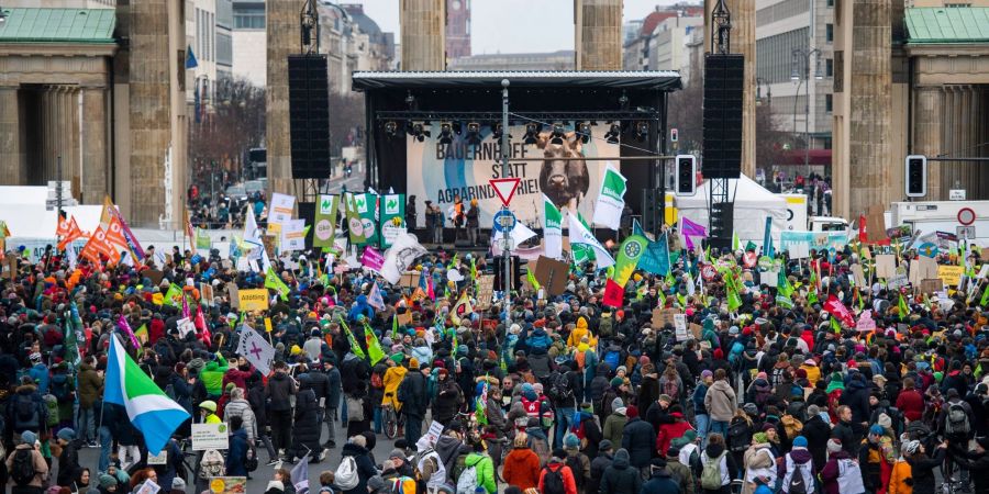 Bei einer Demonstration der Organisation «Wir haben es satt!» zu «Gutes Essen für alle - statt Profite für wenige» stehen Teilnehmer vor dem Brandenburger Tor.