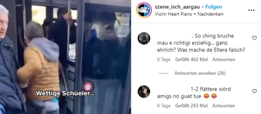 Ein Video des Ereignisses landete auf Instagram. Darunter stehen Kommentare wie «Solche Kinder brauchen mal eine richtige Erziehung. Ganz Ehrlich? Was machen die Eltern falsch?» oder «1-2 ‹Flättere› würden guttun.»