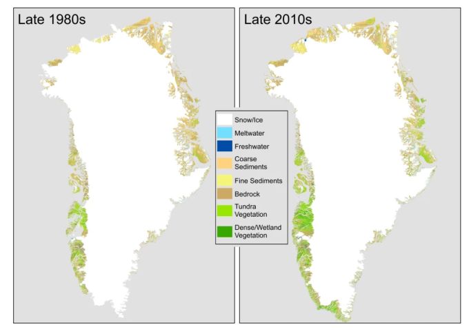 Zeitvergleich Achtziger- bis Zehnerjahre: Die Vegetationsbedeckung in Grönland nimmt zu, insbesondere im Südwesten und Nordosten. Grönland Gletscher