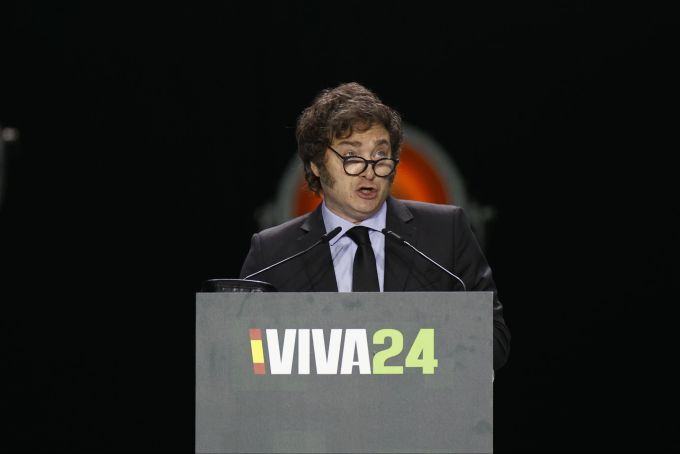 Der argentinische Präsident Javier Milei spricht während des von der Partei Vox organisierten Kongresses «Europa Viva 24» im Vorfeld der Wahlen zum Europäischen Parlament in Madrid, Spanien, 19. Mai 2024. Die Wahlen zum Europäischen Parlament finden in allen Mitgliedsstaaten am 06. und 09. Juni statt. Far-right party Vox holds convention ahead of European Parliament elections