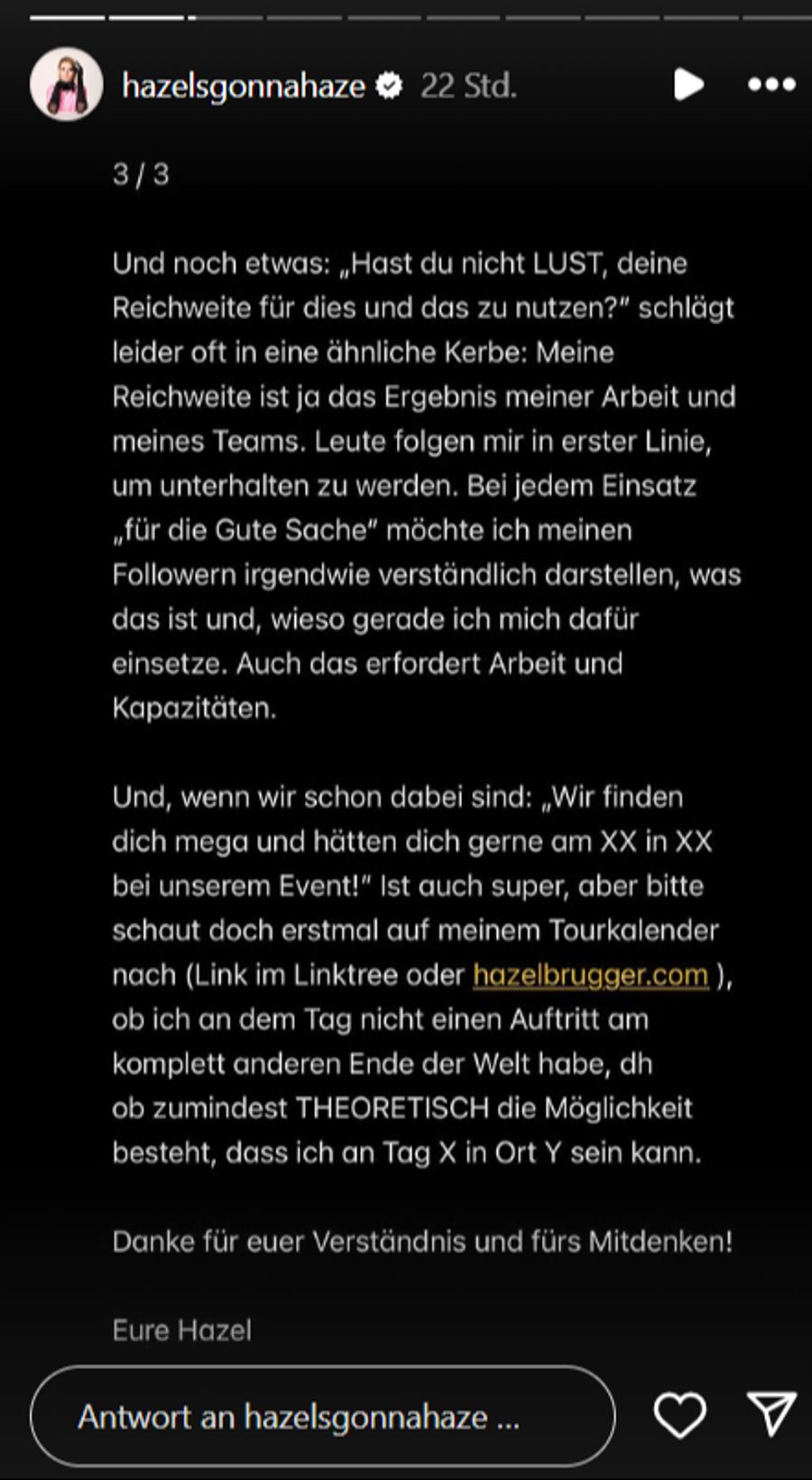 Zuletzt bedankt sie sich für das Verständnis.