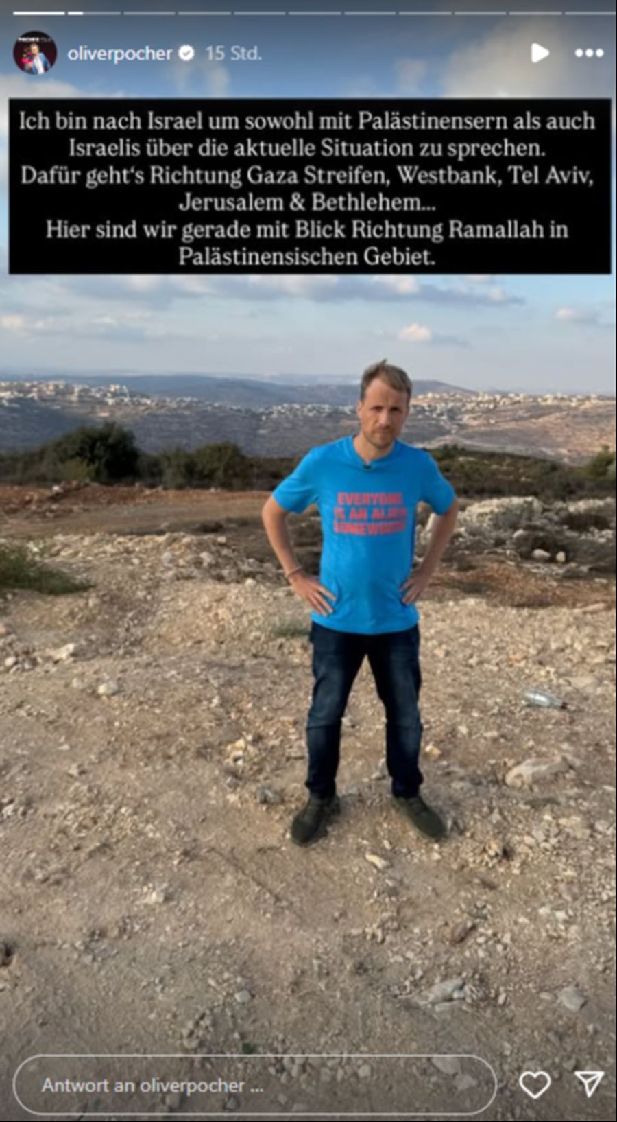 Pocher will mit Palästinensern und Israelis über «die aktuelle Situation» sprechen.