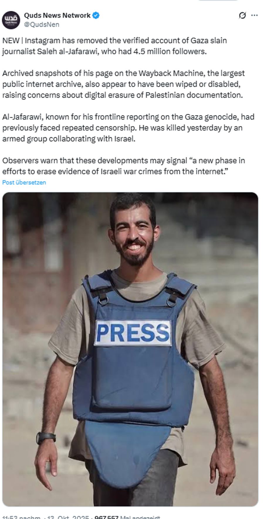 Gaza-Influencer Saleh al-Jafarawi wurde getötet.