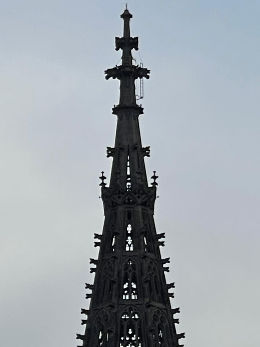 Bei genauem Hinschauen fällt auf: Fast zuoberst auf dem Münster ist eine Leiter angebracht.