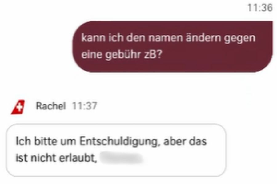 Der Passagier bietet auch an, eine Gebühr für die Änderung zu zahlen. Als Antwort kommt nur, das gehe nicht.