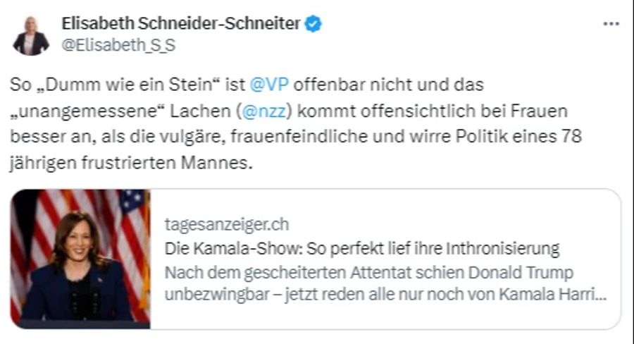 Mitte-Nationalrätin Elisabeth Schneider-Schneiter hält Trumps «frauenfeindliche» Politik für problematischer als Harris' Lachen.