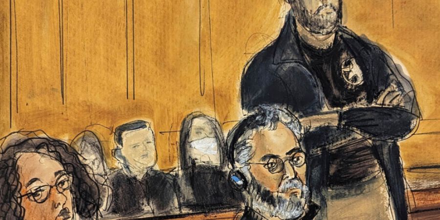 ARCHIV - Auf dieser Skizze aus dem Gerichtssaal sind Guo Wengui (sitzend, M) und seine Anwältin Tamara Giwa (l) vor einem Bundesgericht in New York dargestellt.) Foto: Elizabeth Willia...
